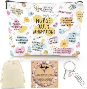Nurse Gifts for Women - 3Pcs Nurse Appreciation Graduation Gifts Set, Nursing School Essentials, Nurses Week Birthday Christmas Gift with Makeup Bag Keychain and Healing Bracelets