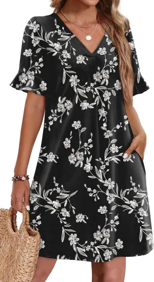 OFEEFAN Summer Dresses for Women Ruffle Short Sleeve V Neck Casual Shift Dress with Pockets