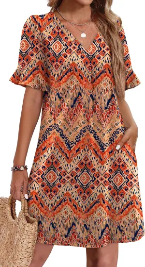 OFEEFAN Summer Dresses for Women Ruffle Short Sleeve V Neck Casual Shift Dress with Pockets