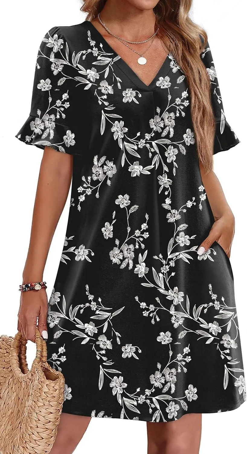 OFEEFAN Summer Dresses for Women Ruffle Short Sleeve V Neck Casual Shift Dress with Pockets
