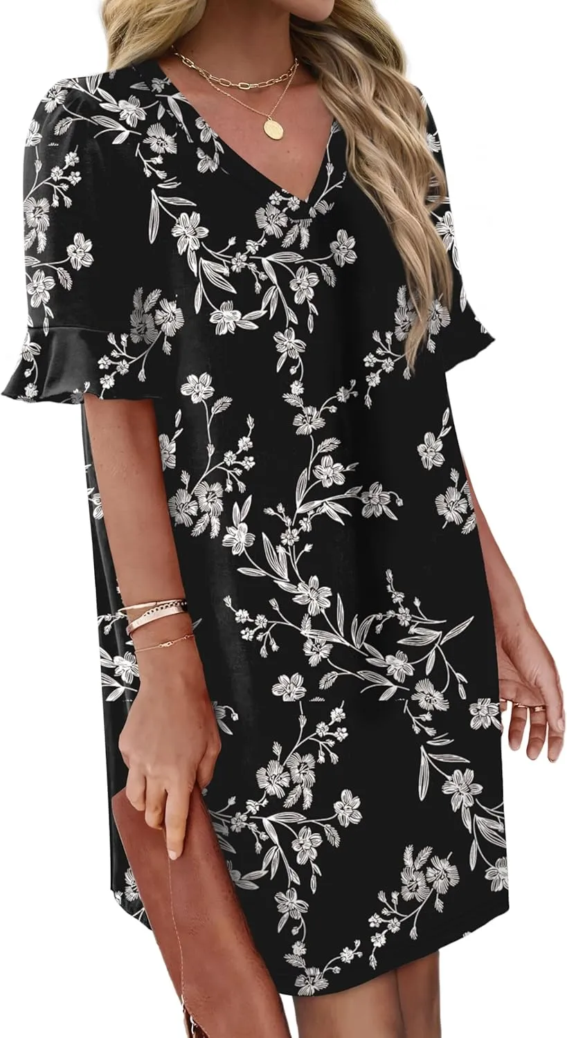 OFEEFAN Summer Dresses for Women Ruffle Short Sleeve V Neck Casual Shift Dress with Pockets