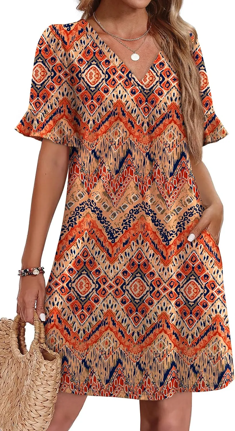 OFEEFAN Summer Dresses for Women Ruffle Short Sleeve V Neck Casual Shift Dress with Pockets