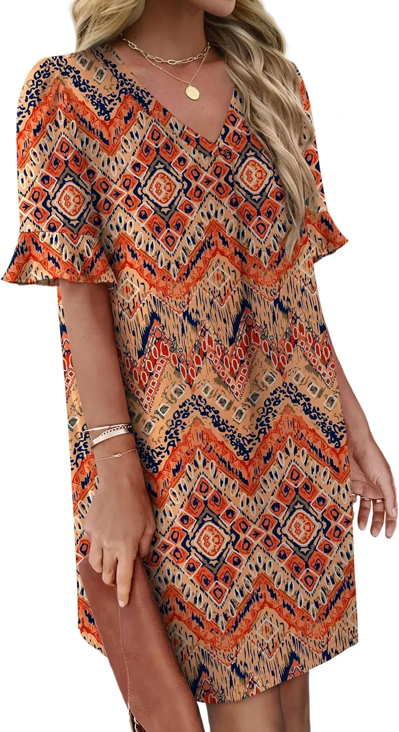 OFEEFAN Summer Dresses for Women Ruffle Short Sleeve V Neck Casual Shift Dress with Pockets