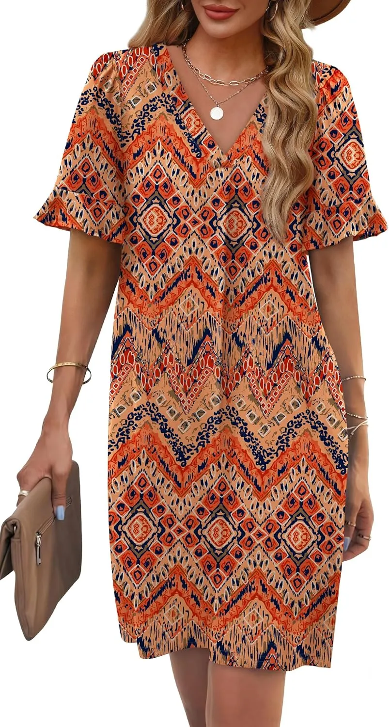 OFEEFAN Summer Dresses for Women Ruffle Short Sleeve V Neck Casual Shift Dress with Pockets