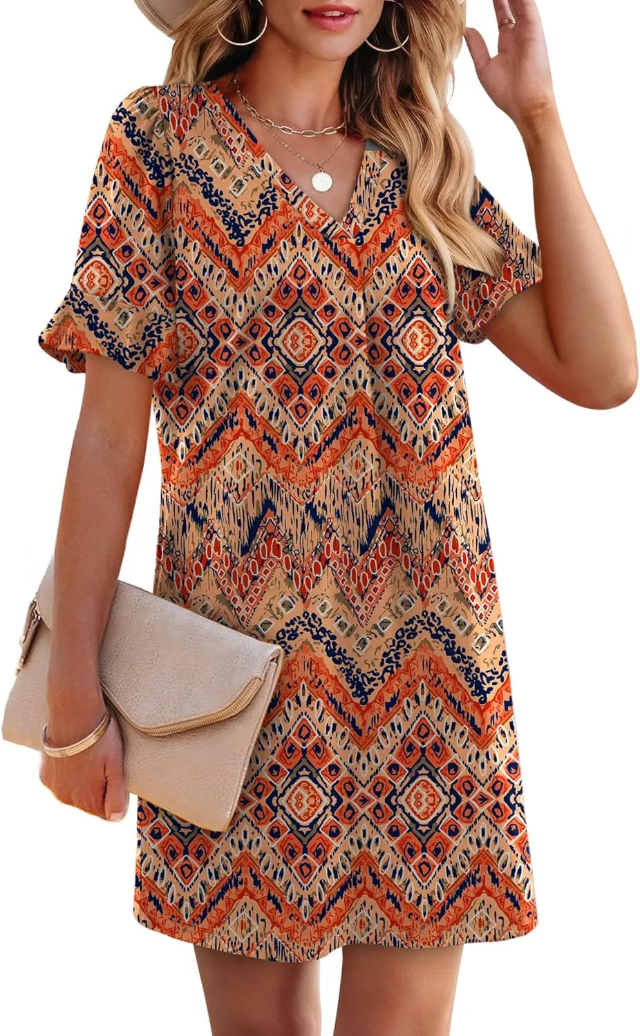 OFEEFAN Summer Dresses for Women Ruffle Short Sleeve V Neck Casual Shift Dress with Pockets