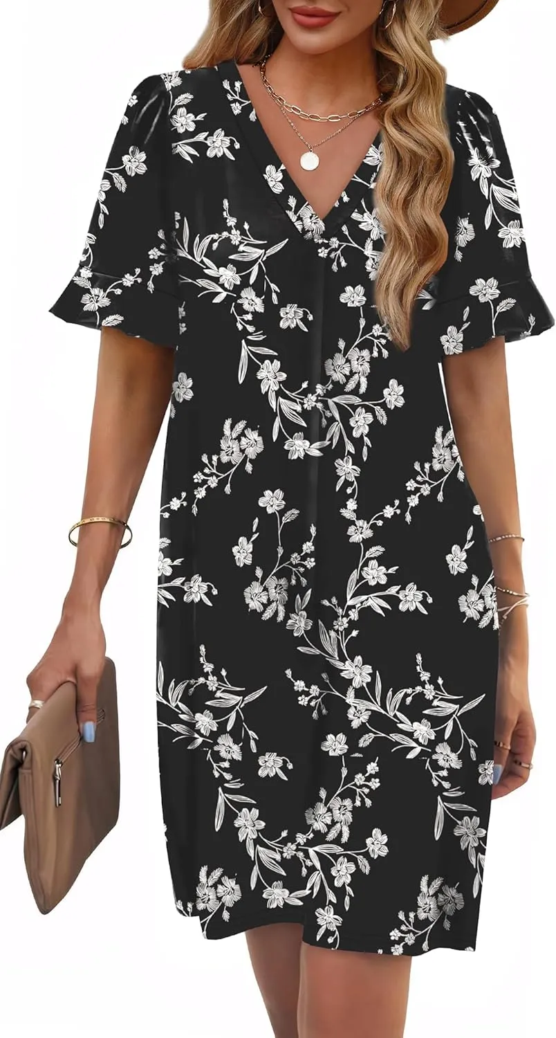 OFEEFAN Summer Dresses for Women Ruffle Short Sleeve V Neck Casual Shift Dress with Pockets
