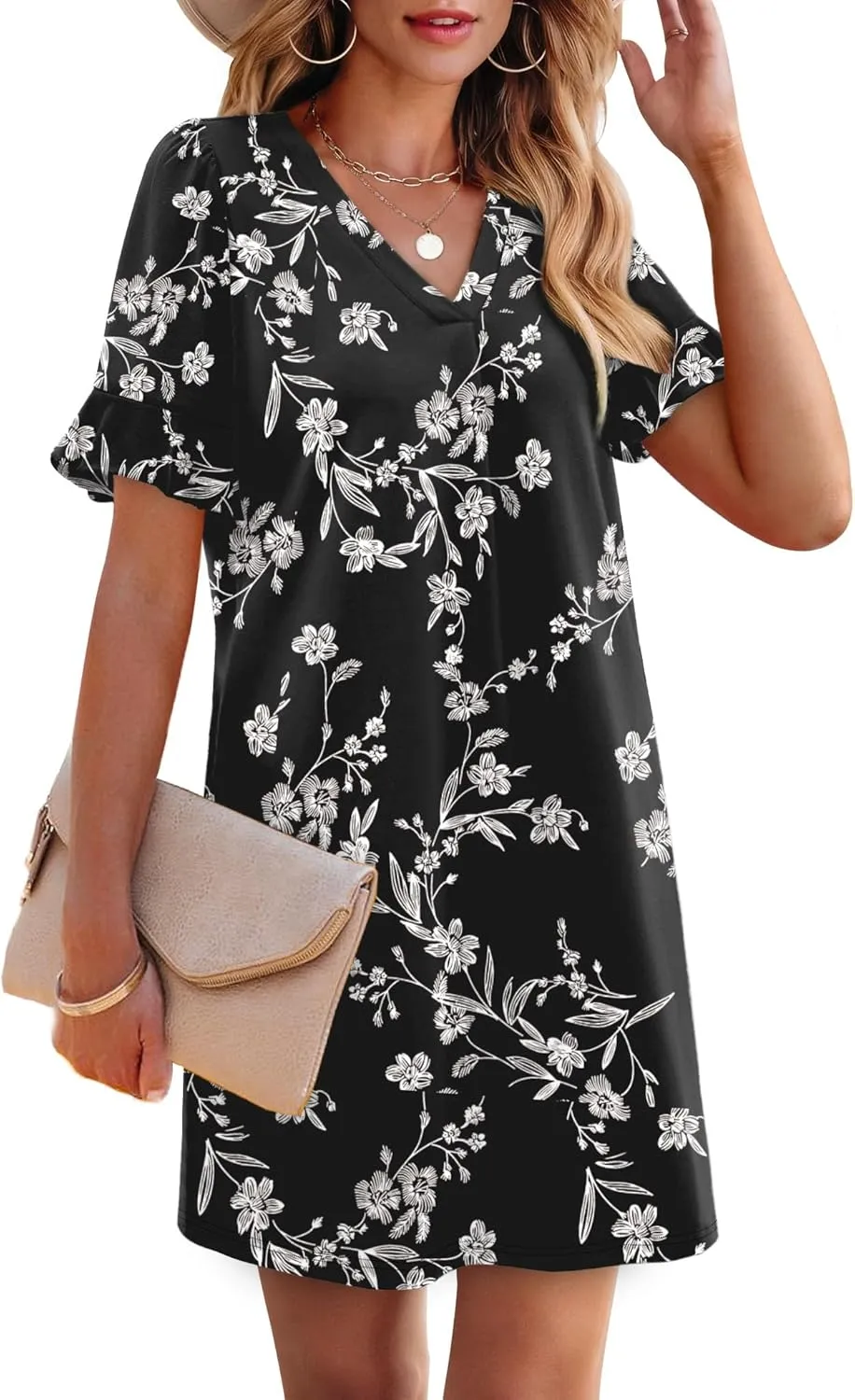 OFEEFAN Summer Dresses for Women Ruffle Short Sleeve V Neck Casual Shift Dress with Pockets