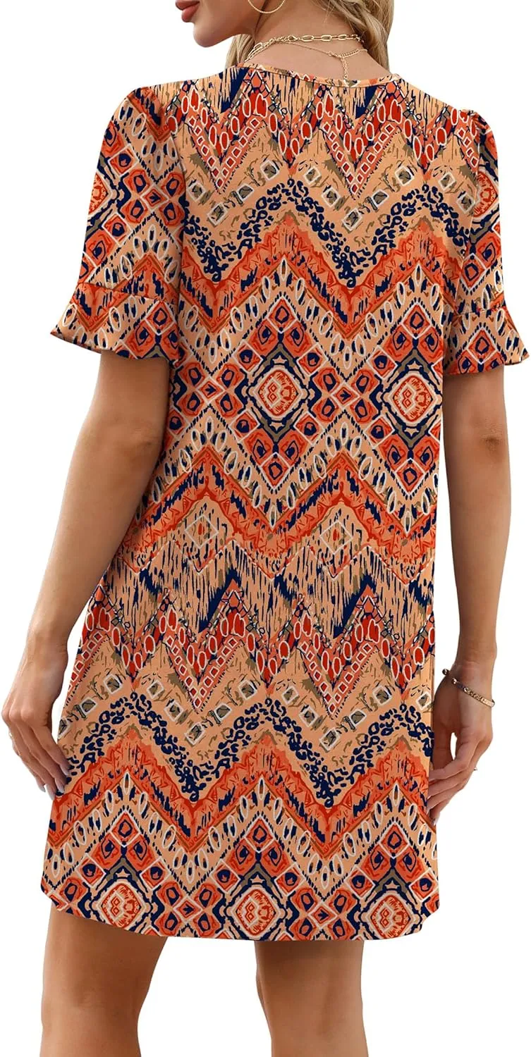 OFEEFAN Summer Dresses for Women Ruffle Short Sleeve V Neck Casual Shift Dress with Pockets