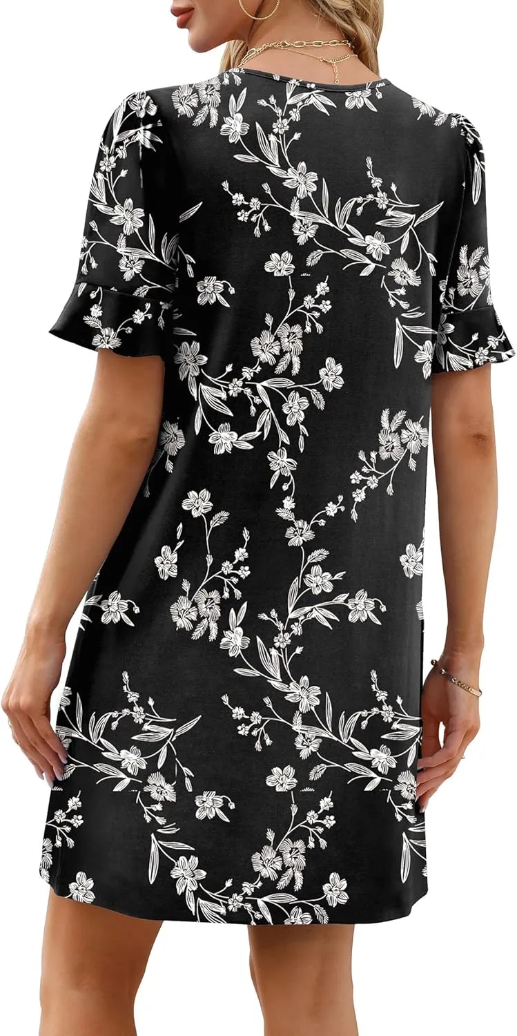 OFEEFAN Summer Dresses for Women Ruffle Short Sleeve V Neck Casual Shift Dress with Pockets