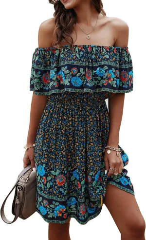 Off Shoulder Boho Floral Swing Mini Dress Summer Strapless Pleated Short Dress