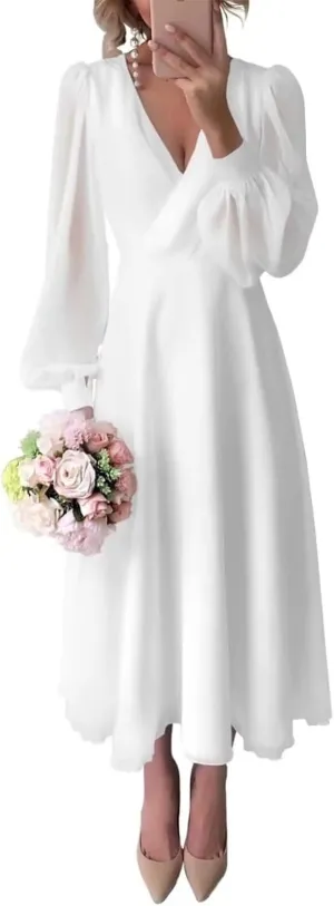 Off Shoulder Wedding Dresses for Bride Tea Length Bridal Gown for Wedding