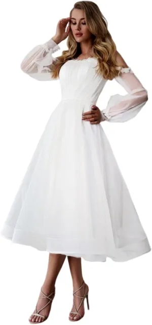 Off Shoulder Wedding Dresses for Bride Tea Length Bridal Gown for Wedding