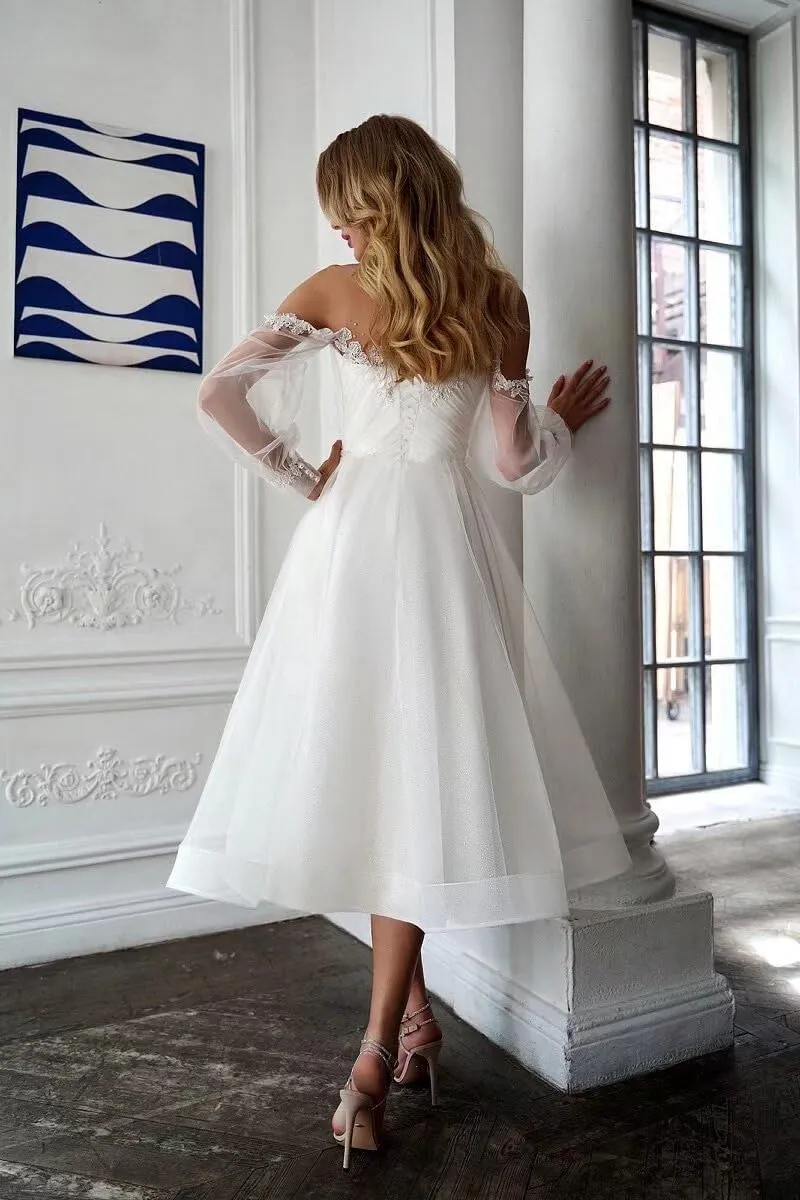 Off Shoulder Wedding Dresses for Bride Tea Length Bridal Gown for Wedding