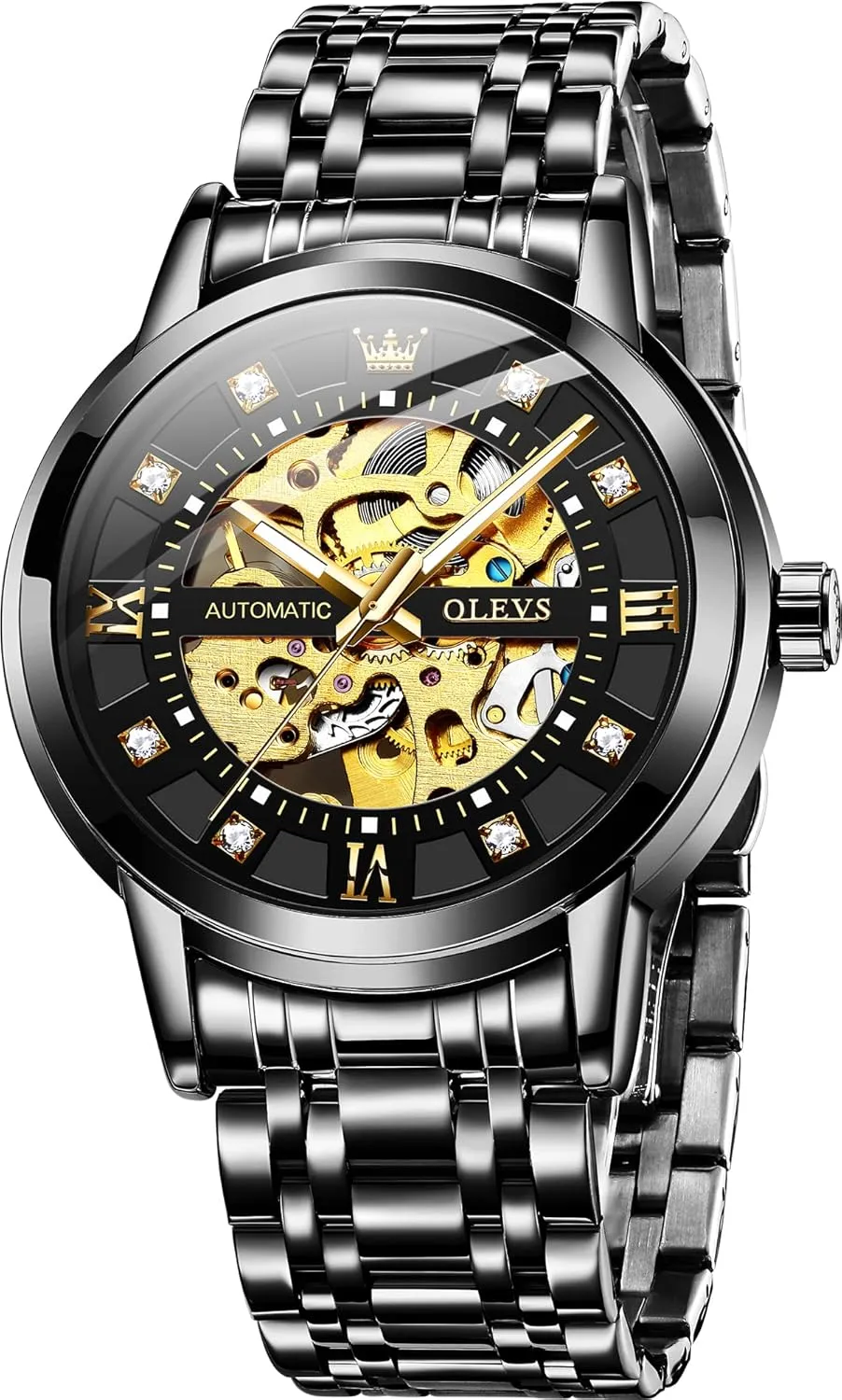 OLEVS Gold Skeleton Men's Automatic Mechanical Watches self Winding Luxury Dress Shiny Diamond Stainless Steel Waterproof Luminous Wrist Watches