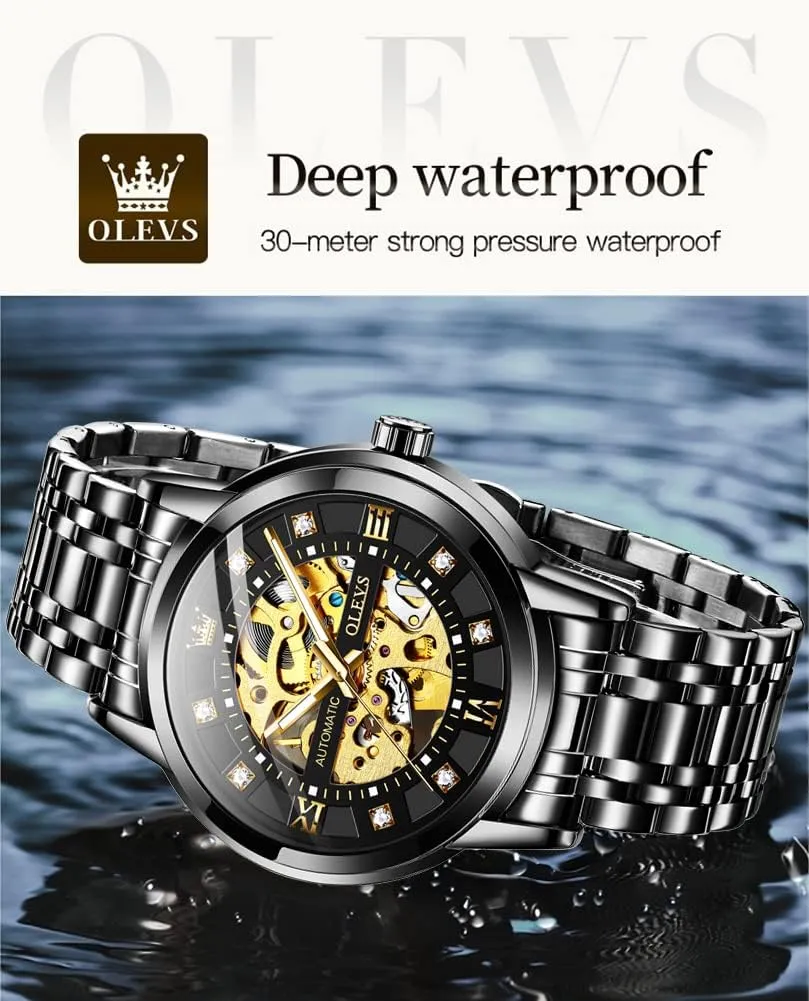 OLEVS Gold Skeleton Men's Automatic Mechanical Watches self Winding Luxury Dress Shiny Diamond Stainless Steel Waterproof Luminous Wrist Watches