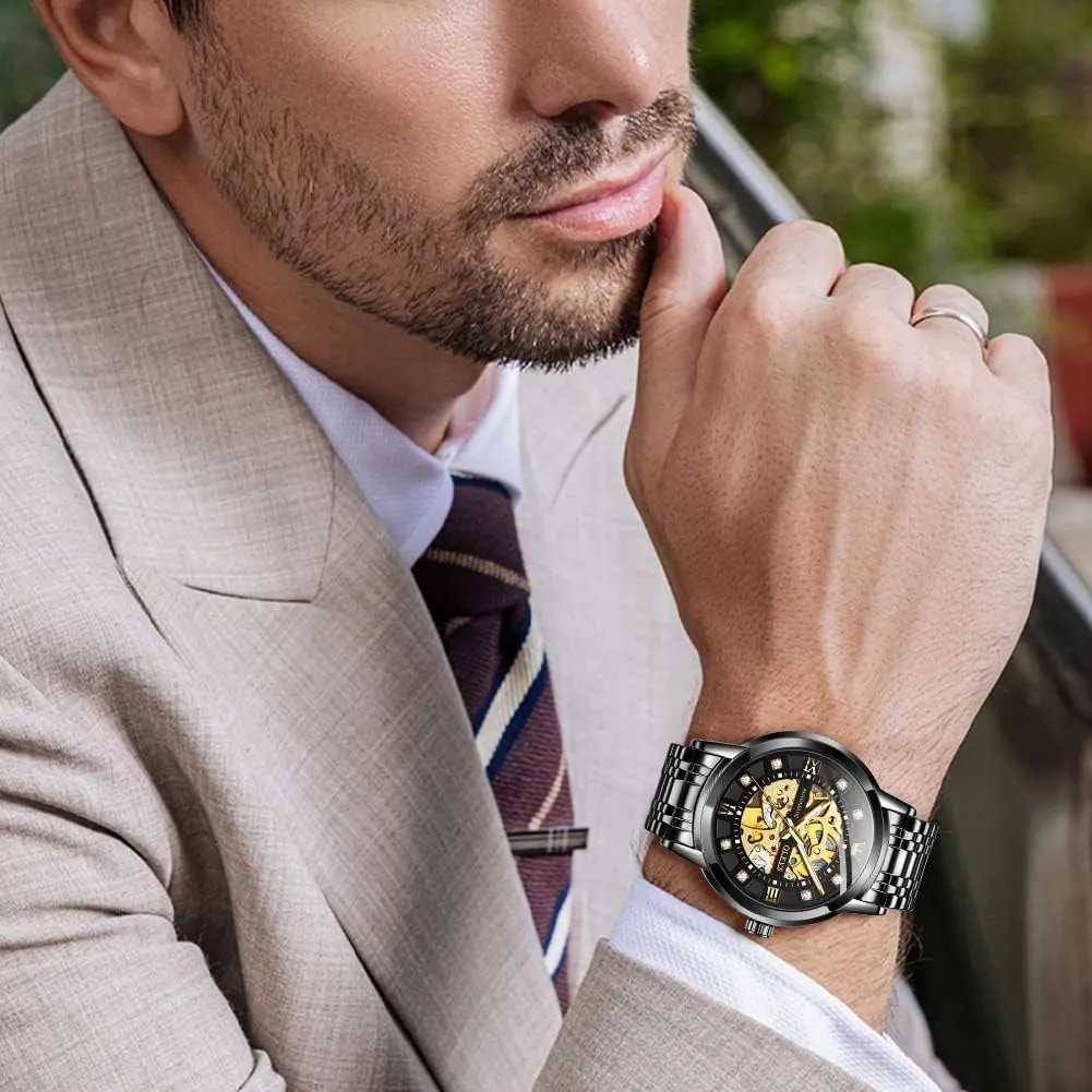 OLEVS Gold Skeleton Men's Automatic Mechanical Watches self Winding Luxury Dress Shiny Diamond Stainless Steel Waterproof Luminous Wrist Watches
