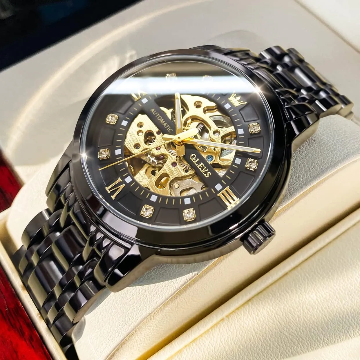 OLEVS Gold Skeleton Men's Automatic Mechanical Watches self Winding Luxury Dress Shiny Diamond Stainless Steel Waterproof Luminous Wrist Watches
