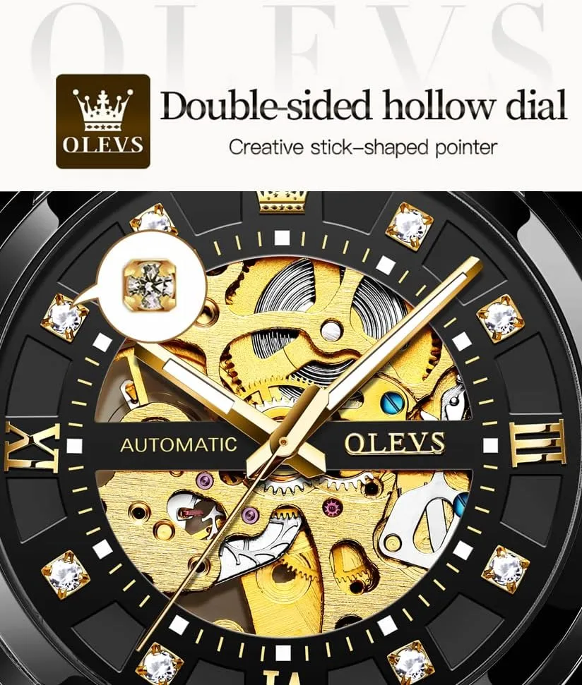 OLEVS Gold Skeleton Men's Automatic Mechanical Watches self Winding Luxury Dress Shiny Diamond Stainless Steel Waterproof Luminous Wrist Watches