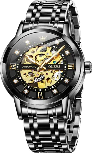 OLEVS Gold Skeleton Men's Automatic Mechanical Watches self Winding Luxury Dress Shiny Diamond Stainless Steel Waterproof Luminous Wrist Watches