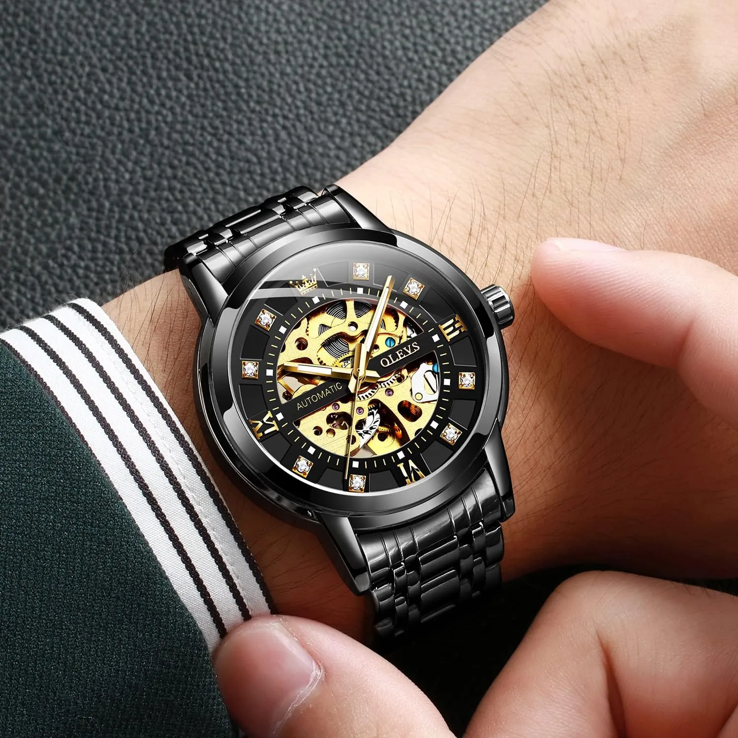 OLEVS Gold Skeleton Men's Automatic Mechanical Watches self Winding Luxury Dress Shiny Diamond Stainless Steel Waterproof Luminous Wrist Watches