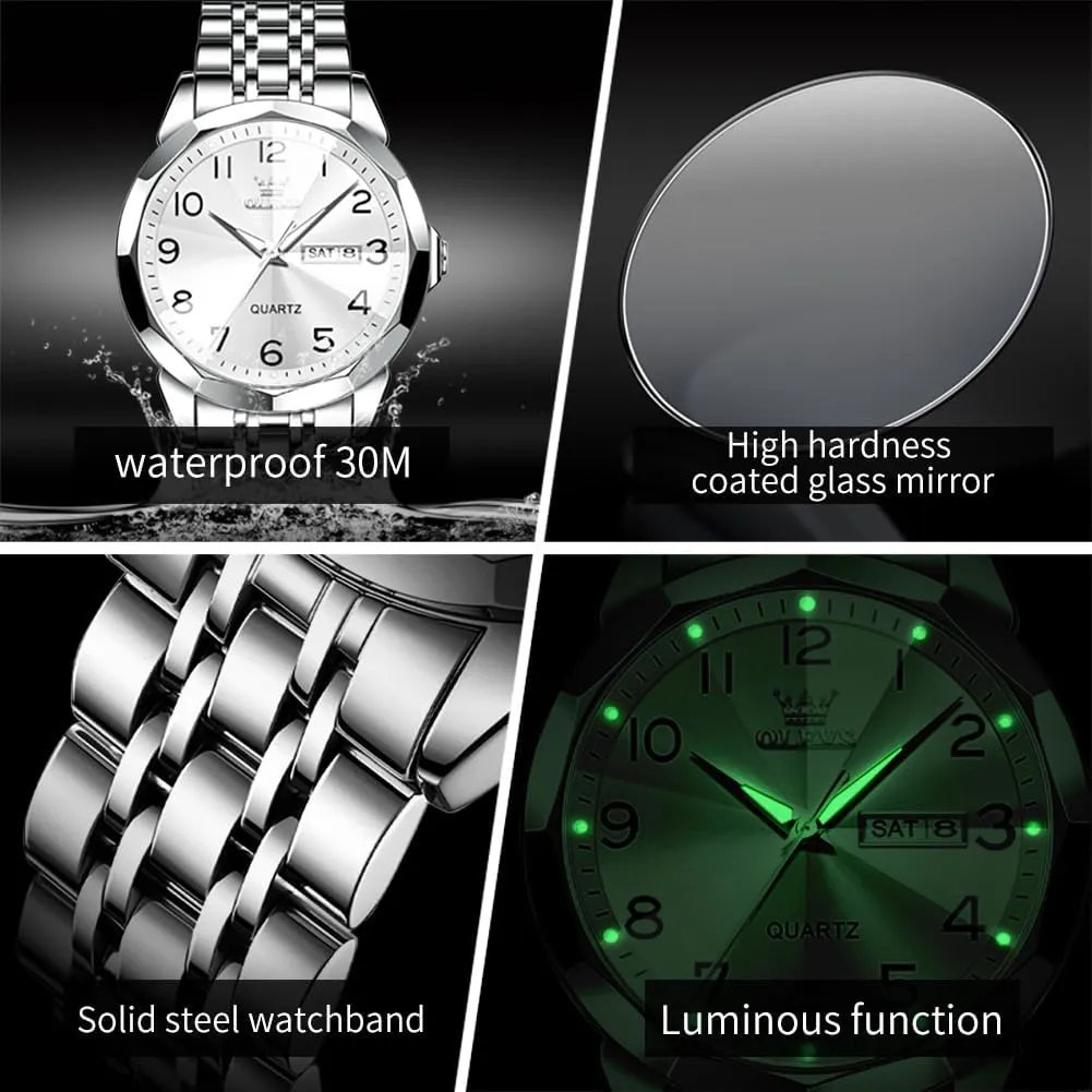 OLEVS Mens Watch, Dress Stainless Steel Analog Quartz Watches for Men with Day Date, Silver Gold Silver Two Tone Big Face Large Waterproof Luxury Casual Easy to Read Number Dial Men's Wrist Watch
