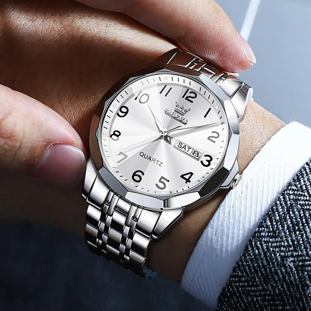 OLEVS Mens Watch, Dress Stainless Steel Analog Quartz Watches for Men with Day Date, Silver Gold Silver Two Tone Big Face Large Waterproof Luxury Casual Easy to Read Number Dial Men's Wrist Watch