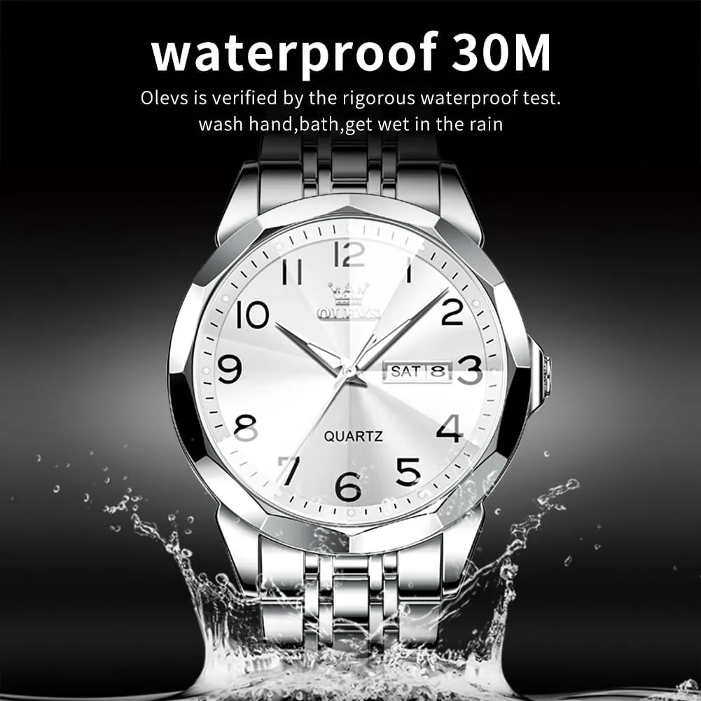 OLEVS Mens Watch, Dress Stainless Steel Analog Quartz Watches for Men with Day Date, Silver Gold Silver Two Tone Big Face Large Waterproof Luxury Casual Easy to Read Number Dial Men's Wrist Watch