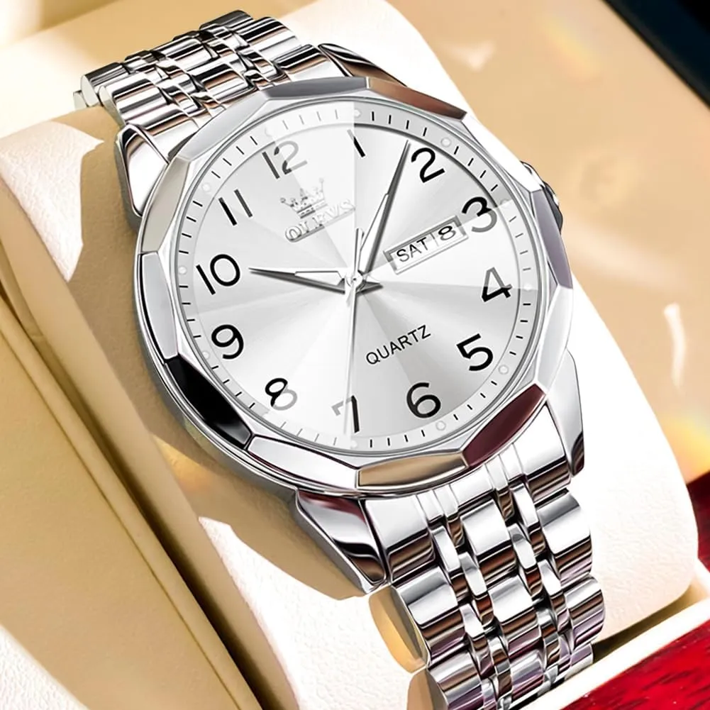 OLEVS Mens Watch, Dress Stainless Steel Analog Quartz Watches for Men with Day Date, Silver Gold Silver Two Tone Big Face Large Waterproof Luxury Casual Easy to Read Number Dial Men's Wrist Watch