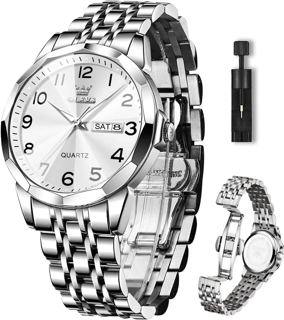 OLEVS Mens Watch, Dress Stainless Steel Analog Quartz Watches for Men with Day Date, Silver Gold Silver Two Tone Big Face Large Waterproof Luxury Casual Easy to Read Number Dial Men's Wrist Watch