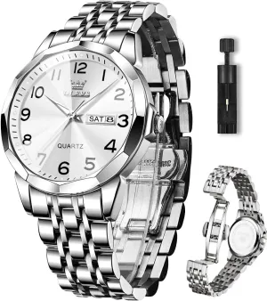 OLEVS Mens Watch, Dress Stainless Steel Analog Quartz Watches for Men with Day Date, Silver Gold Silver Two Tone Big Face Large Waterproof Luxury Casual Easy to Read Number Dial Men's Wrist Watch