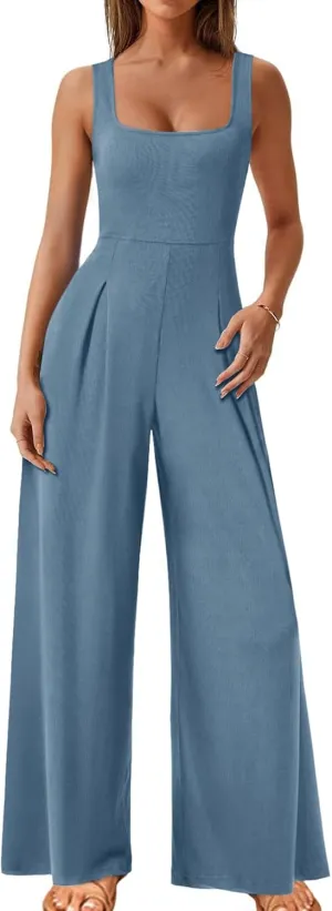 Onedreamer Jumpsuits for Women Spring Summer Sleeveless Square Neck Knit Wide Leg Pants Rompers Overalls with Pockets