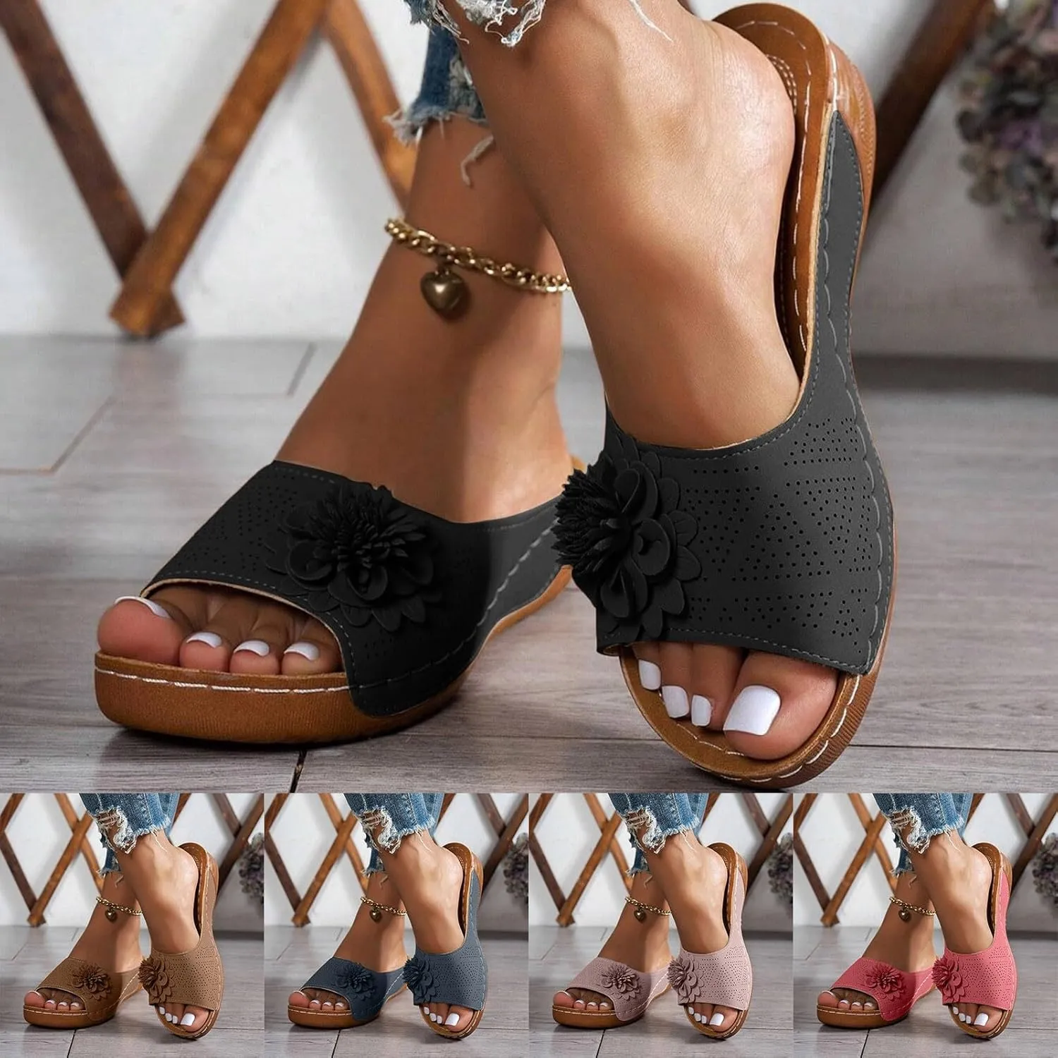 Orthopedic Sandals for Women Arch Support Fish Mouth Open Toe Leather Slippers Platform Wedge Sandals Dressy Summer Comfortable Slide Sandal Best Walking Shoes