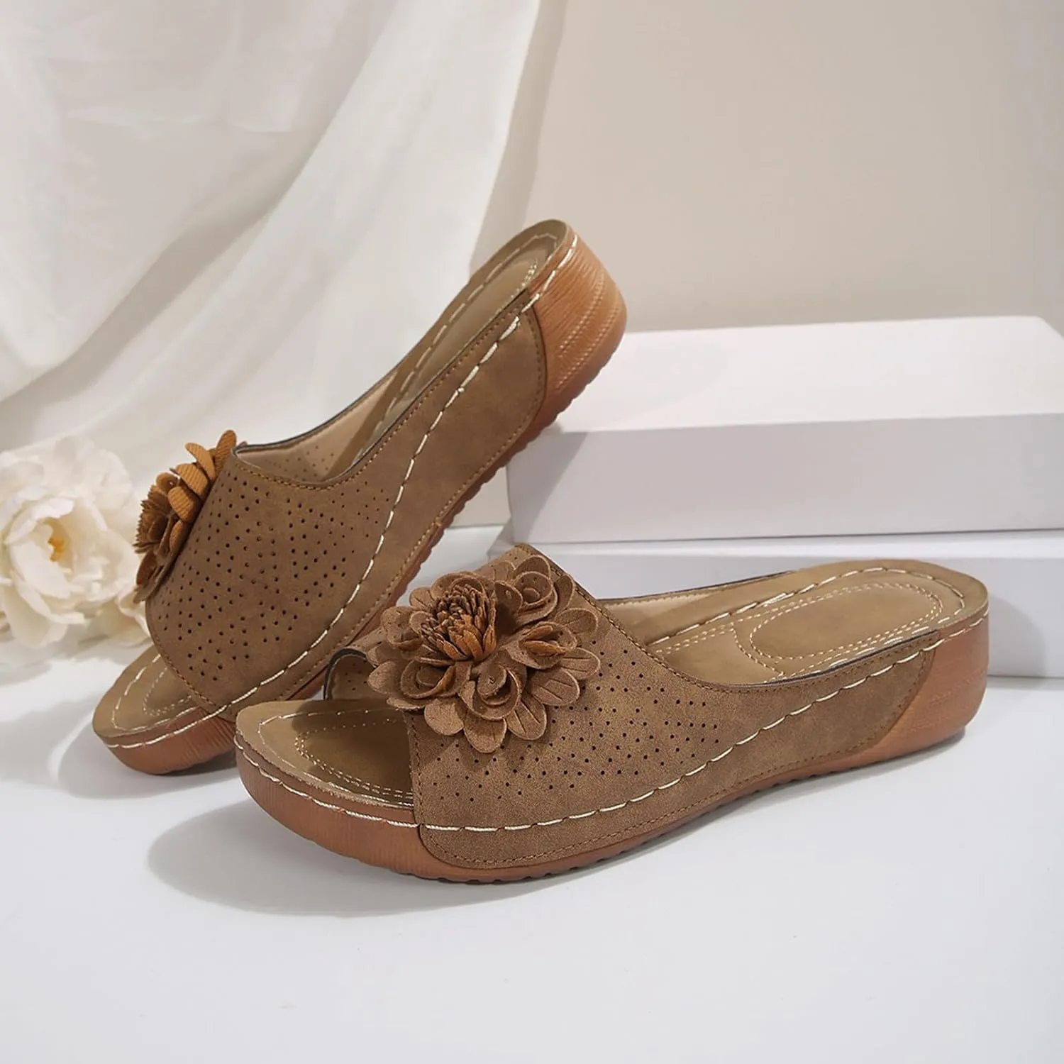 Orthopedic Sandals for Women Arch Support Fish Mouth Open Toe Leather Slippers Platform Wedge Sandals Dressy Summer Comfortable Slide Sandal Best Walking Shoes