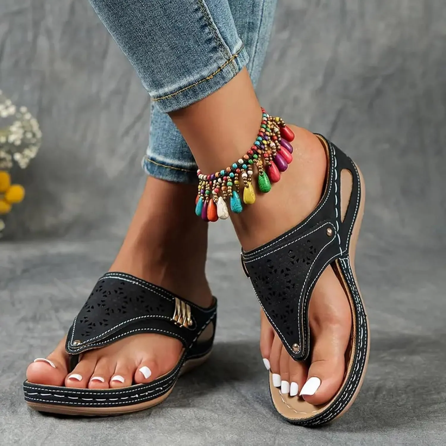 Orthopedic Sandals for Women Arch Support Slip On Flip Flops Indoor Outdoor Comfortable Wedge Walking Thong Sandals