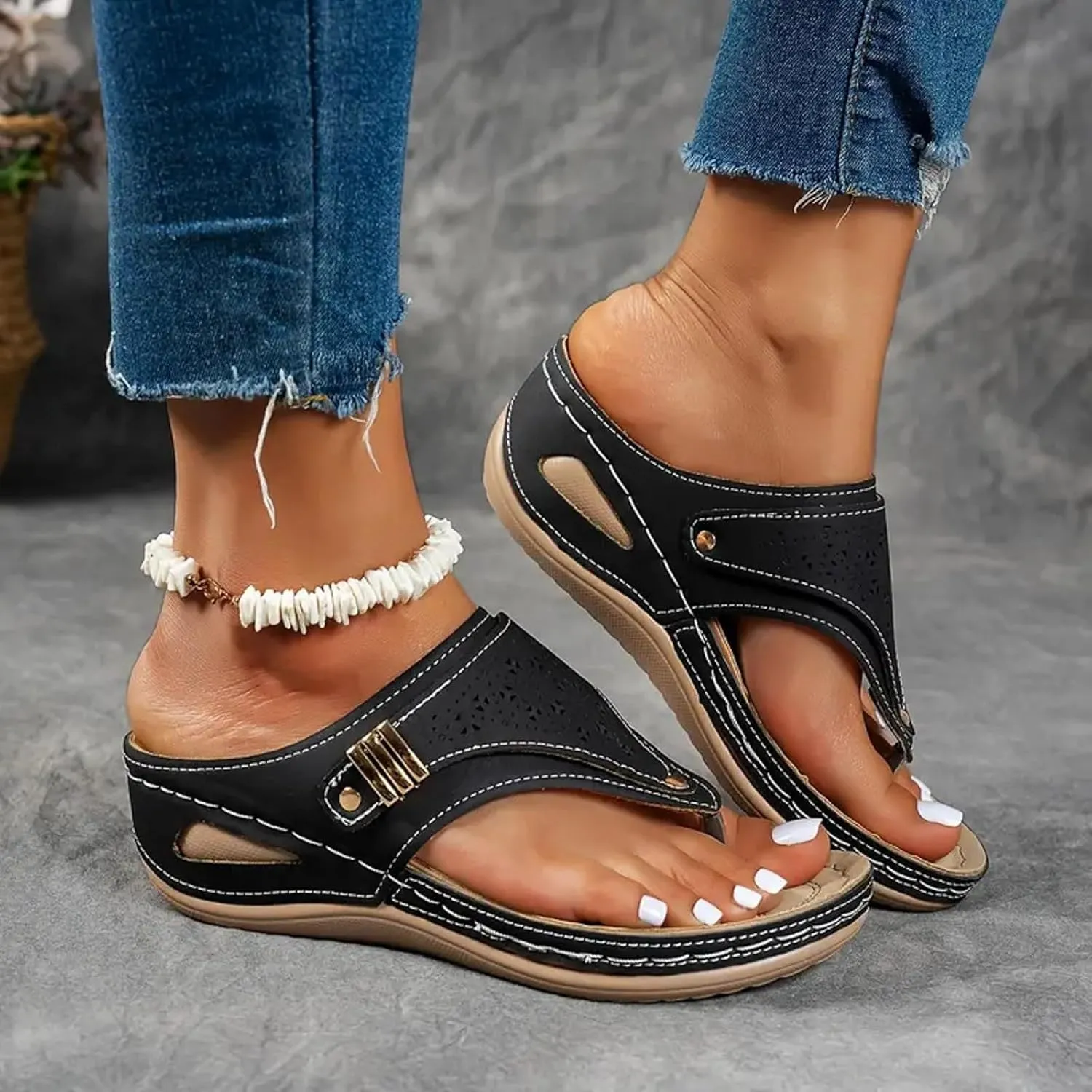 Orthopedic Sandals for Women Arch Support Slip On Flip Flops Indoor Outdoor Comfortable Wedge Walking Thong Sandals
