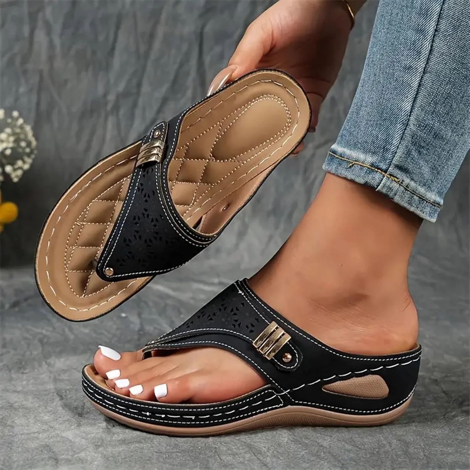 Orthopedic Sandals for Women Arch Support Slip On Flip Flops Indoor Outdoor Comfortable Wedge Walking Thong Sandals