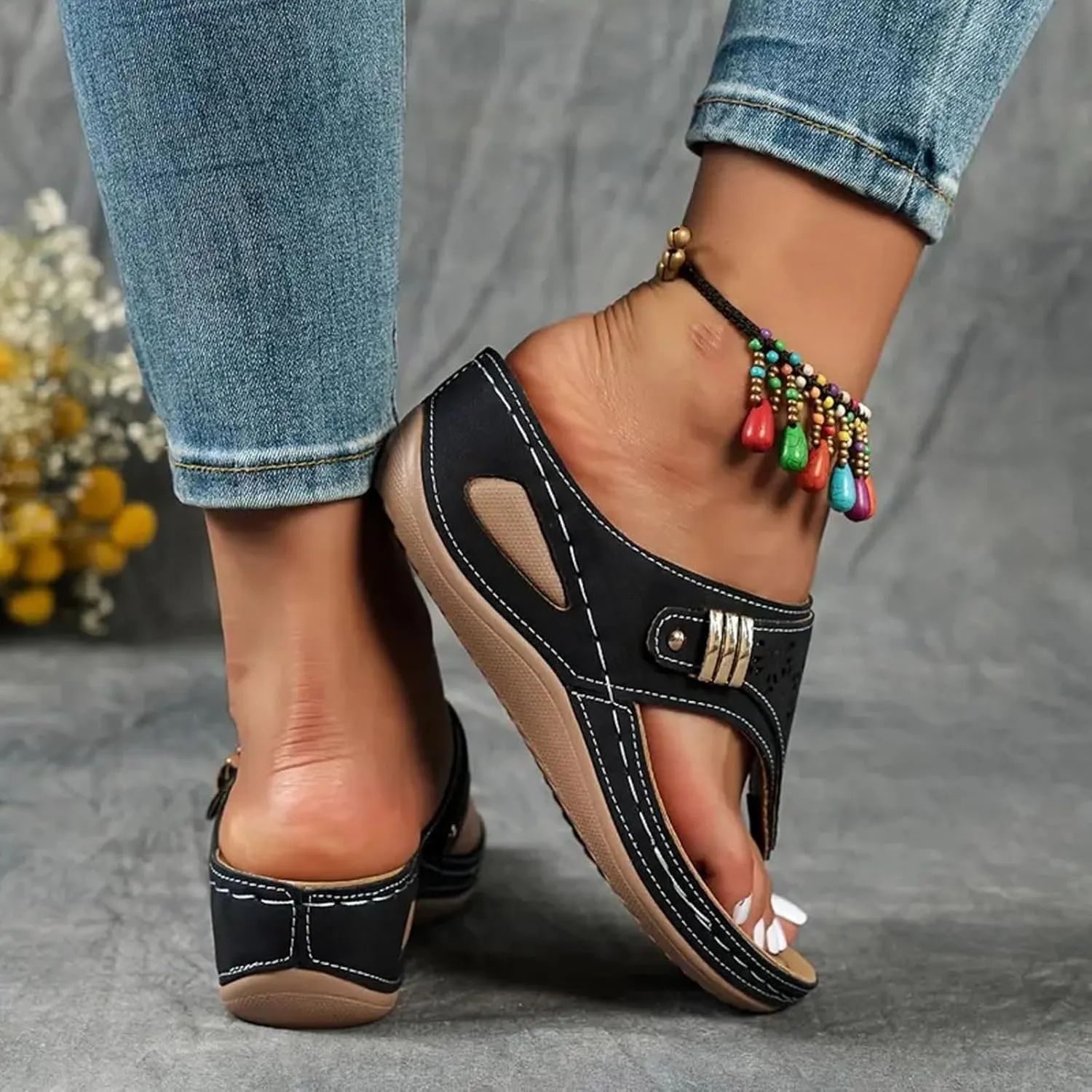 Orthopedic Sandals for Women Arch Support Slip On Flip Flops Indoor Outdoor Comfortable Wedge Walking Thong Sandals