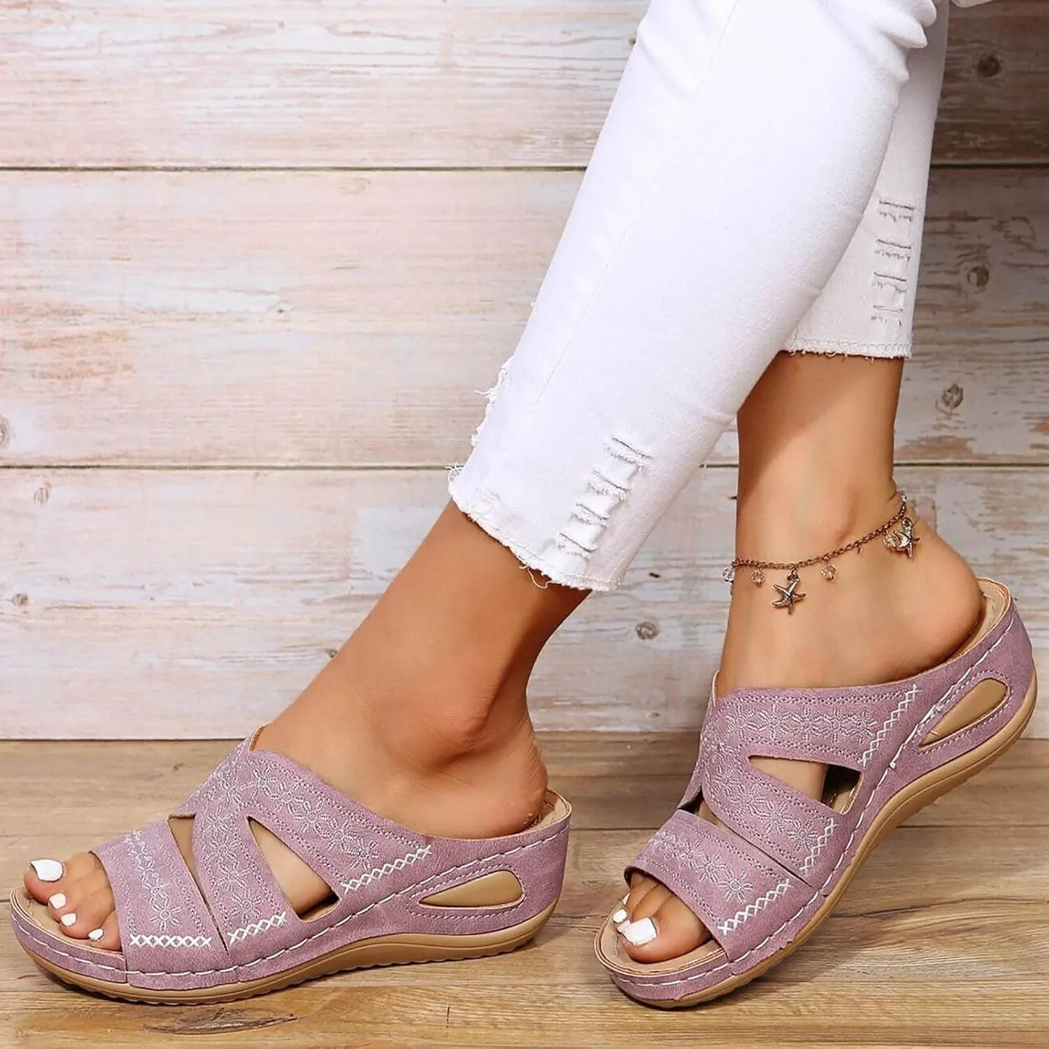 Orthopedic Sandals for Women Wide Width, Women Dressy Summer Wedges Slip On Comfortable Sandals Arch Support Hollow Out Slides Sandal Boho Beach Sandal Casual Dress Shoes