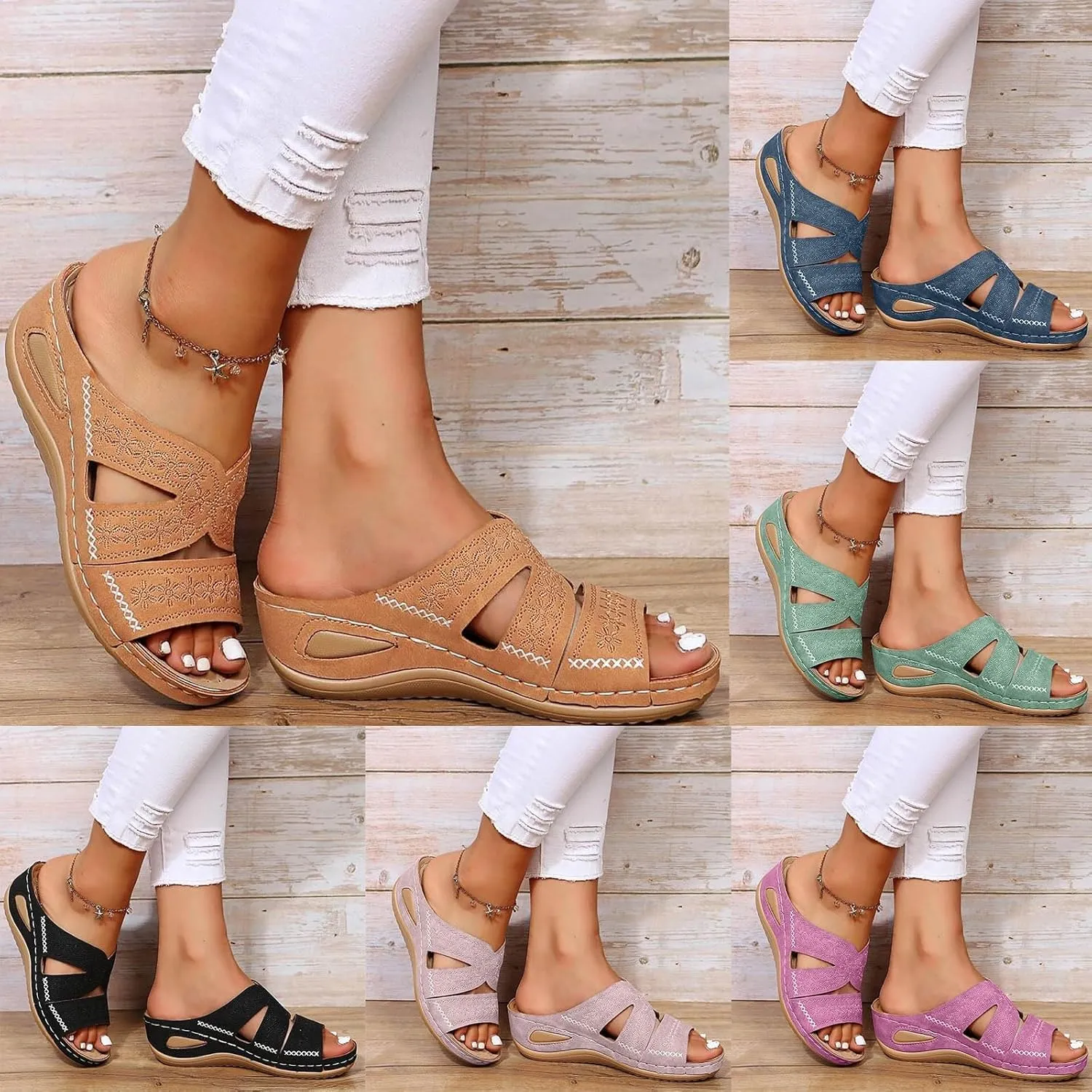 Orthopedic Sandals for Women Wide Width, Women Dressy Summer Wedges Slip On Comfortable Sandals Arch Support Hollow Out Slides Sandal Boho Beach Sandal Casual Dress Shoes
