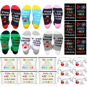 Panitay 24 Pcs Teacher Appreciation Gifts Set 6 Pairs Funny Teacher Socks 6 Teacher Rainbow Makeup Bags 6 Inspirational Notepads 6 Teacher Bracelet Thank You Gift for Women Graduation Teacher's Day