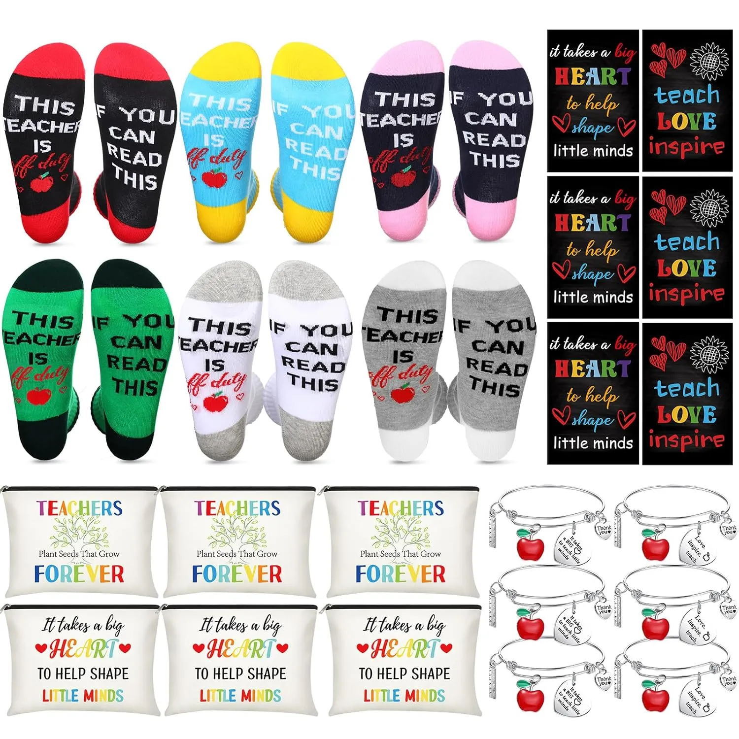 Panitay 24 Pcs Teacher Appreciation Gifts Set 6 Pairs Funny Teacher Socks 6 Teacher Rainbow Makeup Bags 6 Inspirational Notepads 6 Teacher Bracelet Thank You Gift for Women Graduation Teacher's Day
