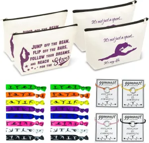 Personalized Gymnastics Gifts: 4 Canvas Makeup Bags, 16 Hair Ties, 4 Wish Bracelets - Gymnast, Coach, or Enthusiast Gift