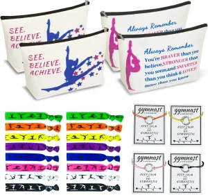 Personalized Gymnastics Gifts: 4 Canvas Makeup Bags, 16 Hair Ties, 4 Wish Bracelets - Gymnast, Coach, or Enthusiast Gift