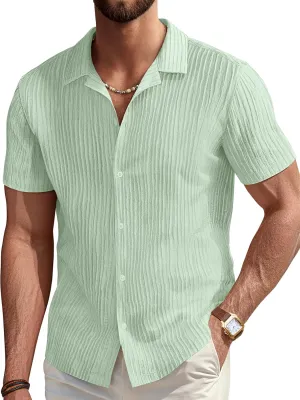 PJ PAUL JONES Mens Casual Shirts Summer Short Sleeve Textured Shirts Summer Cuban Collar Shirts