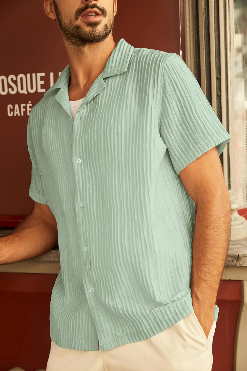 PJ PAUL JONES Mens Casual Shirts Summer Short Sleeve Textured Shirts Summer Cuban Collar Shirts