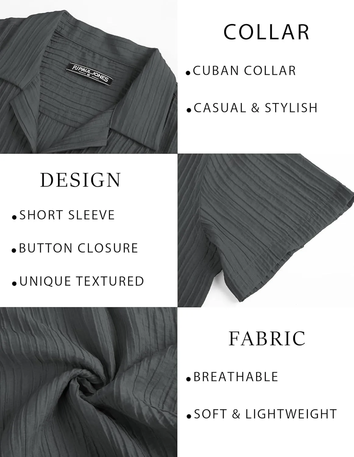 PJ PAUL JONES Mens Casual Shirts Summer Short Sleeve Textured Shirts Summer Cuban Collar Shirts