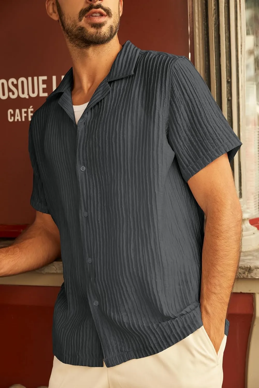 PJ PAUL JONES Mens Casual Shirts Summer Short Sleeve Textured Shirts Summer Cuban Collar Shirts