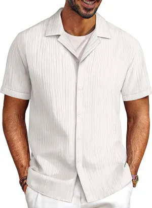 PJ PAUL JONES Mens Casual Shirts Summer Short Sleeve Textured Shirts Summer Cuban Collar Shirts