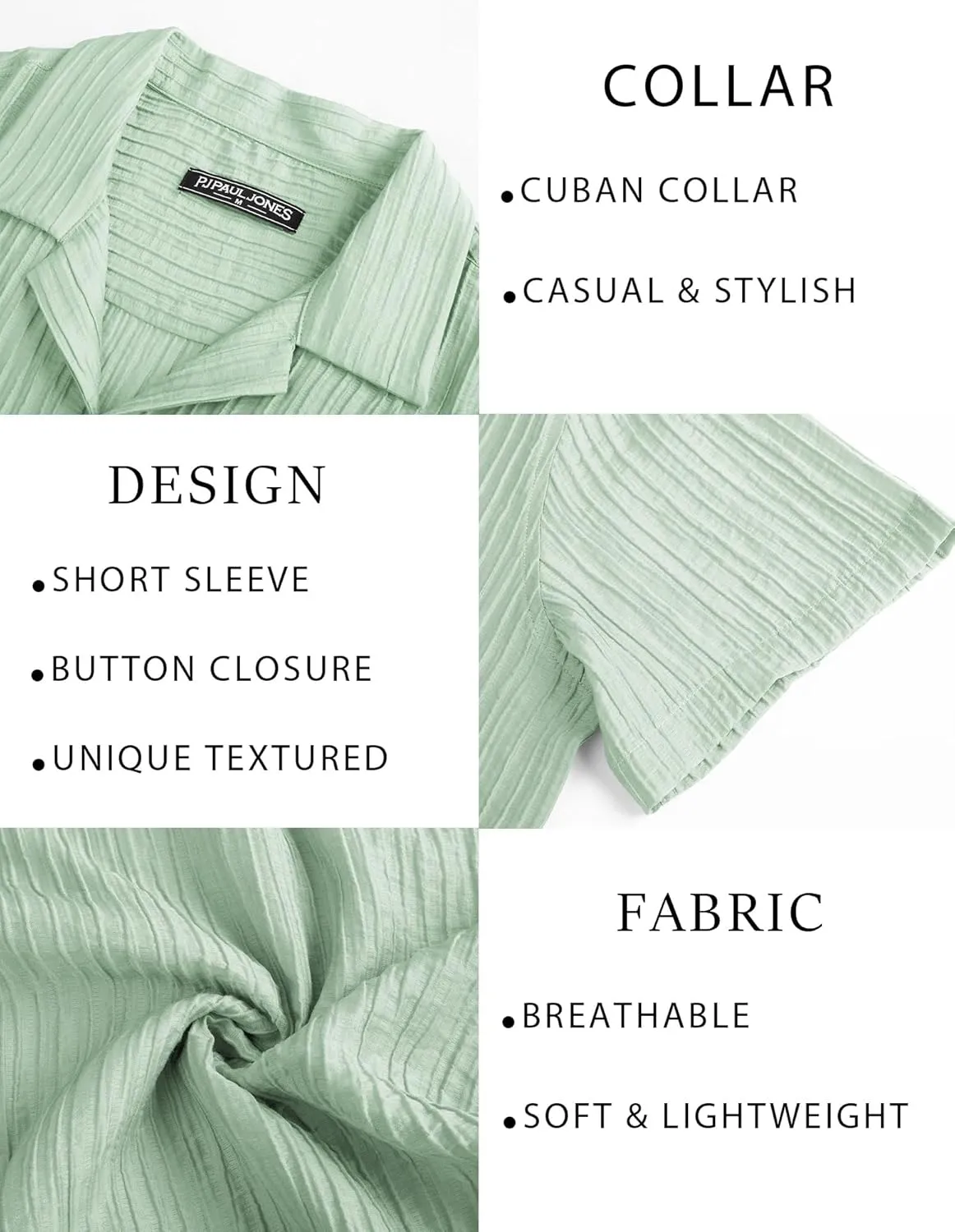 PJ PAUL JONES Mens Casual Shirts Summer Short Sleeve Textured Shirts Summer Cuban Collar Shirts
