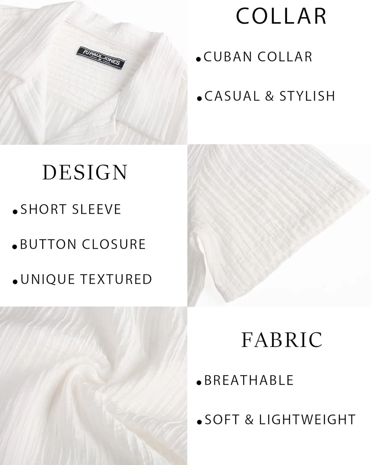 PJ PAUL JONES Mens Casual Shirts Summer Short Sleeve Textured Shirts Summer Cuban Collar Shirts